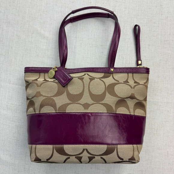 Coach Handbags - Coach Signature Stripe Tote Women Medium Khaki Purple Patent Leather 12429 Y2K